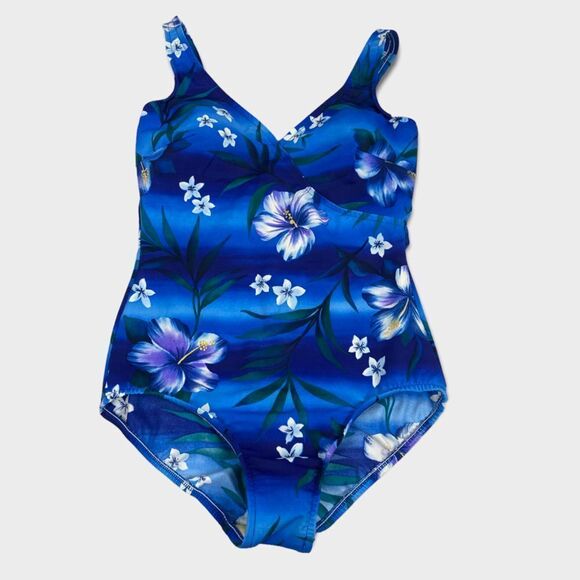 Miraclesuit One Piece Blue Tropical Floral Print Swimsuit size 10 - Picture 1 of 7